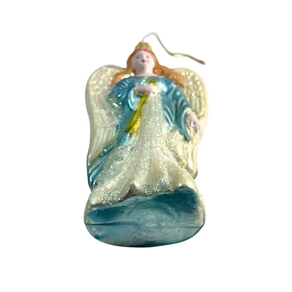 Vintage Hand Blown Glass Angel Christmas Ornament Blue Gown Glitter 6.5”